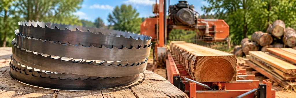 Coiled sawmill blades maintained and stored to help extend sawmill blade life