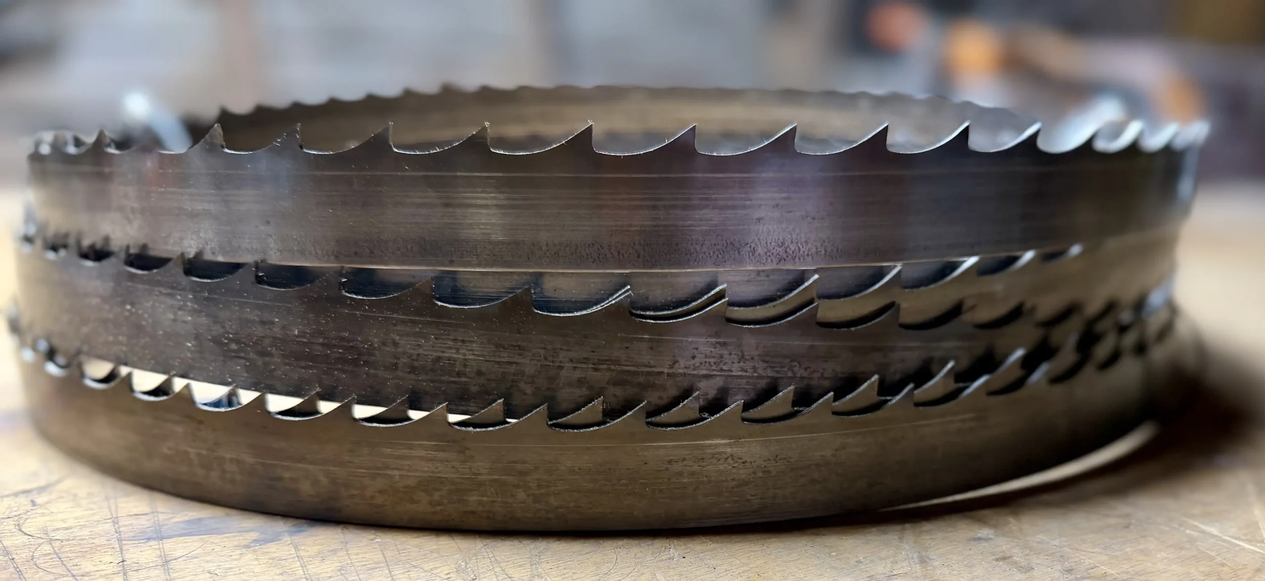 Coiled sawmill blades packed securely for shipping to be sharpened and set.
